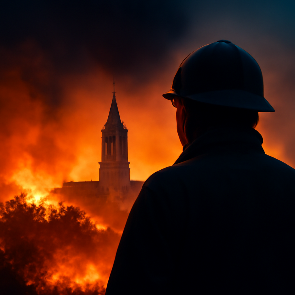 AI-generated editorial illustration for: 'At the gates': Wildfires edge toward wine city of Bordeaux