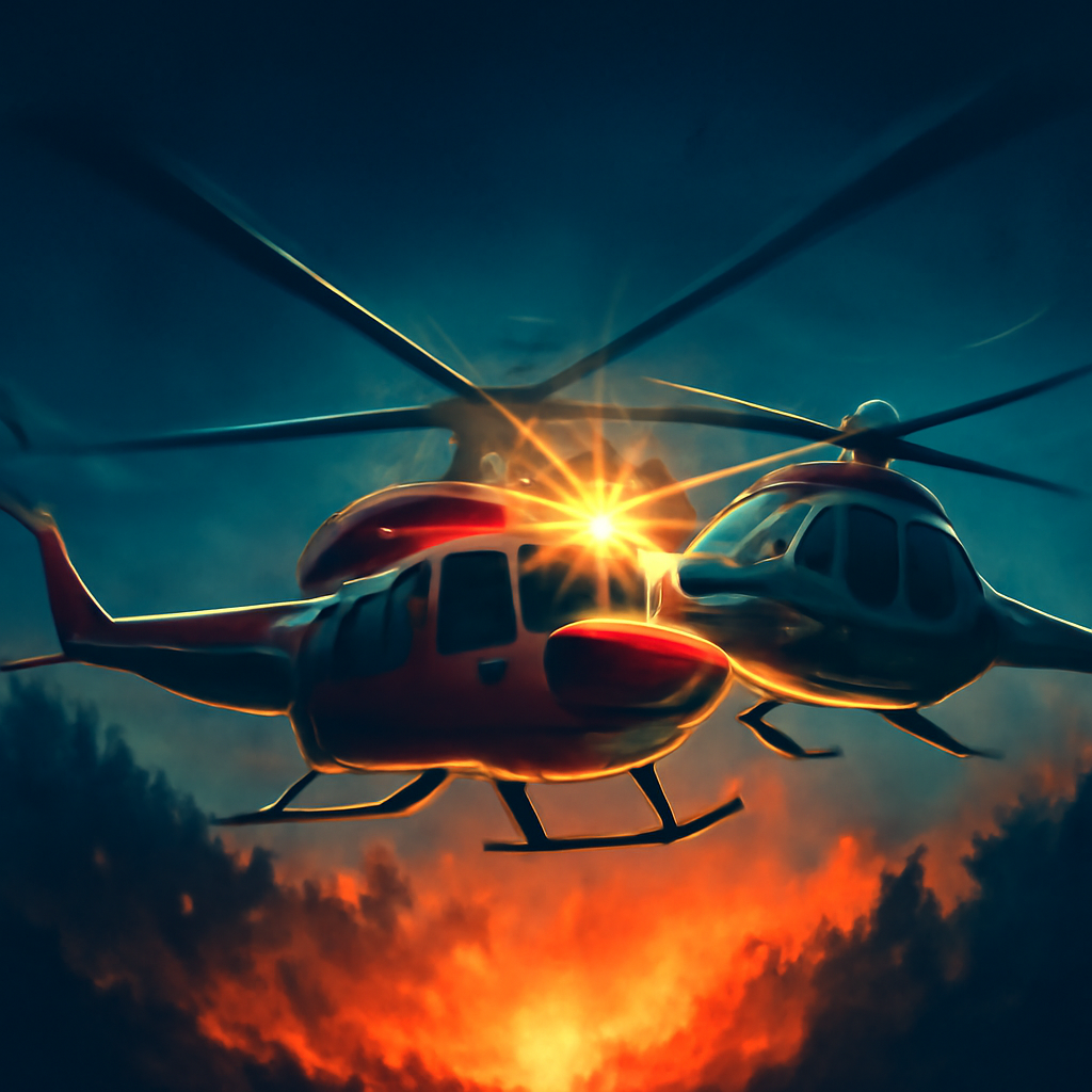 AI-generated editorial illustration for: Mueren dos tripulantes tras el choque de dos helicópteros que combatían un incendio en Grecia