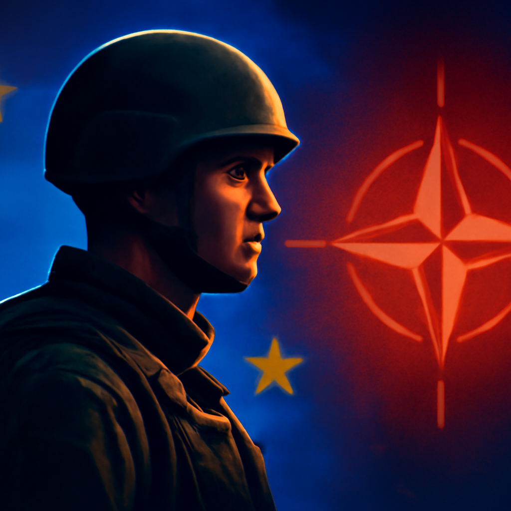 AI-generated editorial illustration for: Fernando Cocho: "Narrativas europeas crean un enemigo exterior para justificar el gasto en defensa"