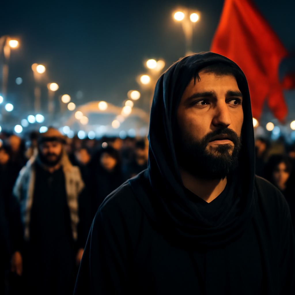 AI-generated editorial illustration for: Millones de peregrinos llegan a Irak para conmemorar Arbaeen en medio de tensiones en Medio Oriente