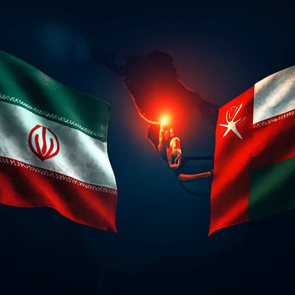 AI-generated editorial illustration for: عُمان وإيران تقتربان من اتفاق بشأن مضيق هرمز، وطهران تشترط تلبية مطالبها قبل إعادة فتحه بالكامل