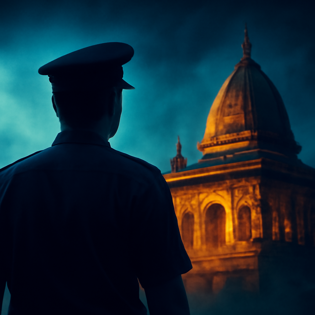 AI-generated editorial illustration for: भोजशाला में 721 साल बाद शुक्रवार पूजा को लेकर तनाव, प्रशासन अलर्ट