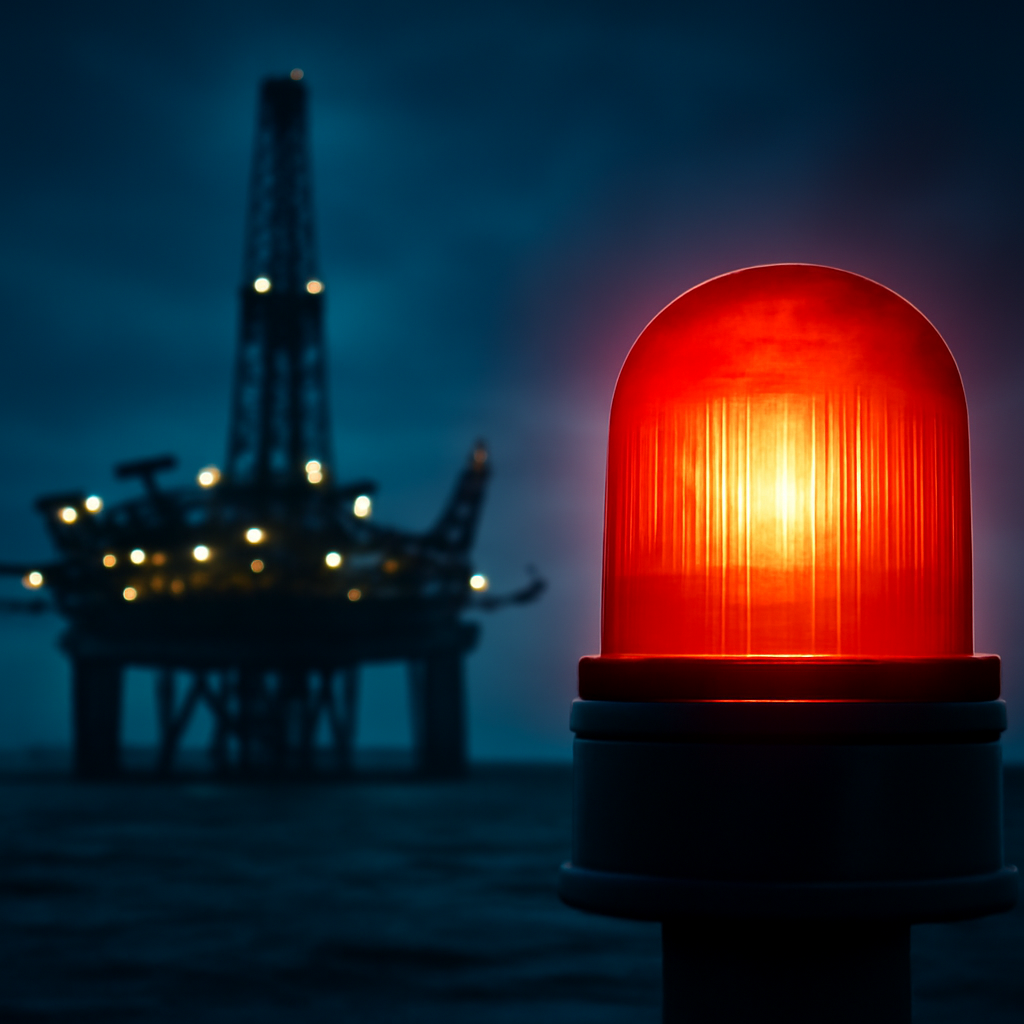 AI-generated editorial illustration for: Warning for mariners as ghost rig lights goes out