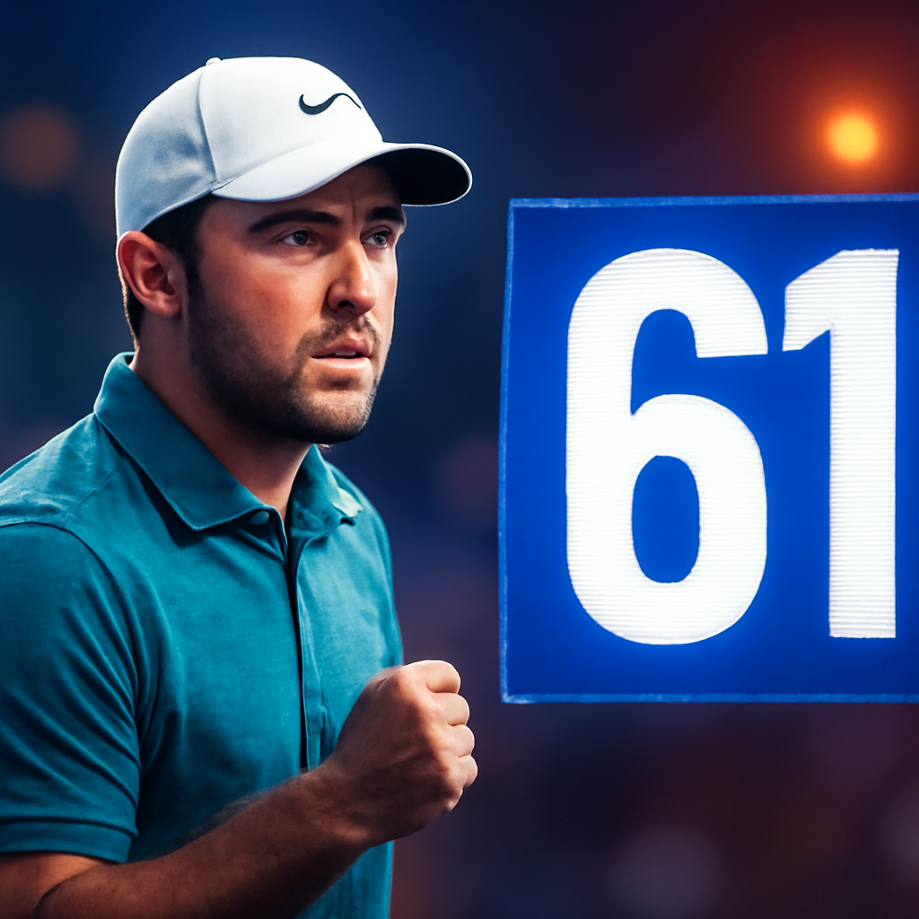 AI-generated editorial illustration for: Scheffler equals course record to lead first play-off event
