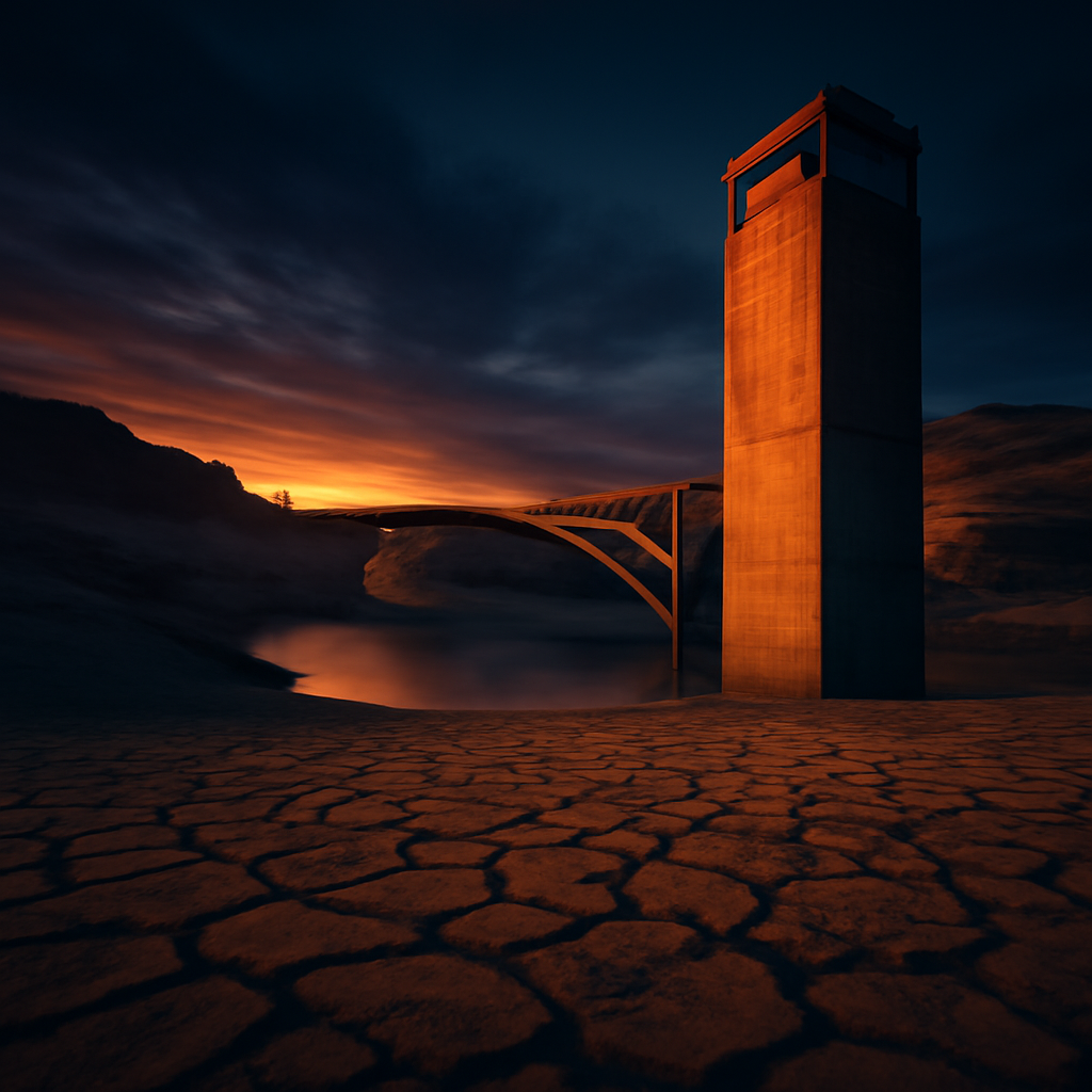 AI-generated editorial illustration for: Lake Powell hits record low, threatening key water and electricity supply for millions