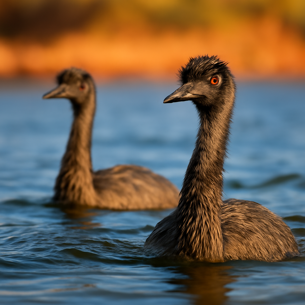 AI-generated editorial illustration for: Tourists at 'right place, right time' find emus swimming in WA river