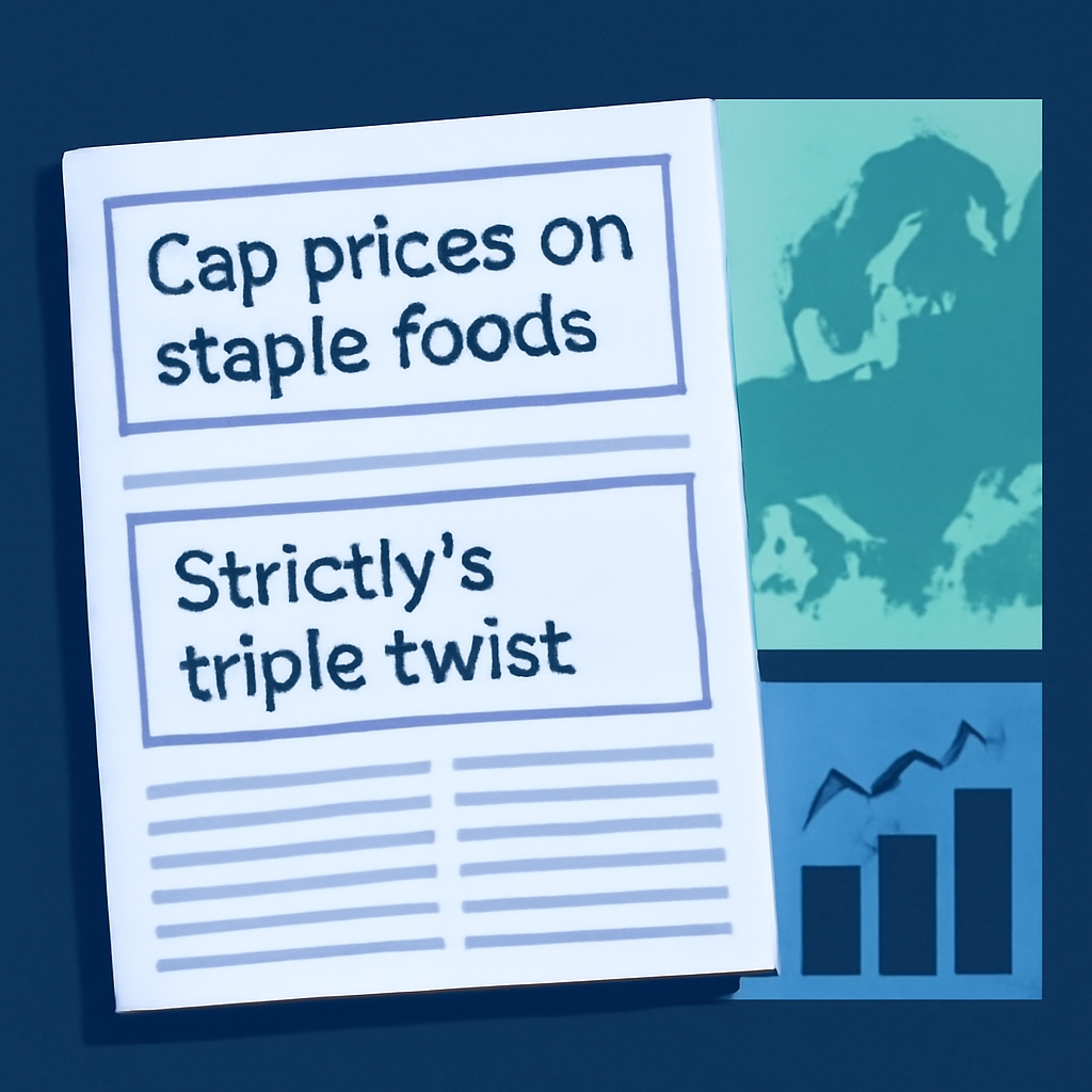 AI-generated editorial illustration for: The Papers: 'Cap prices on staple foods' and 'Strictly's triple twist'