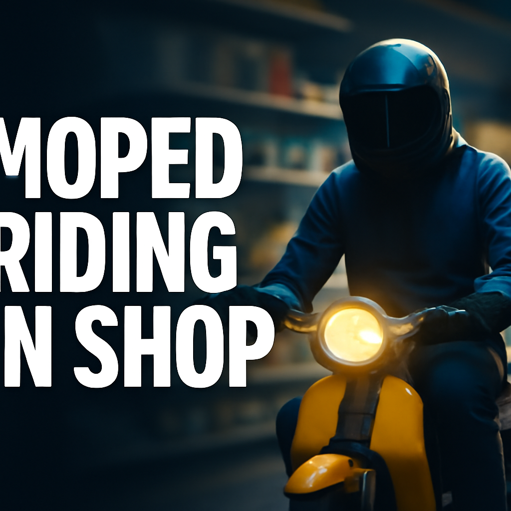 AI-generated editorial illustration for: Moped riding in shop is not a surprise on 'forgotten estate'