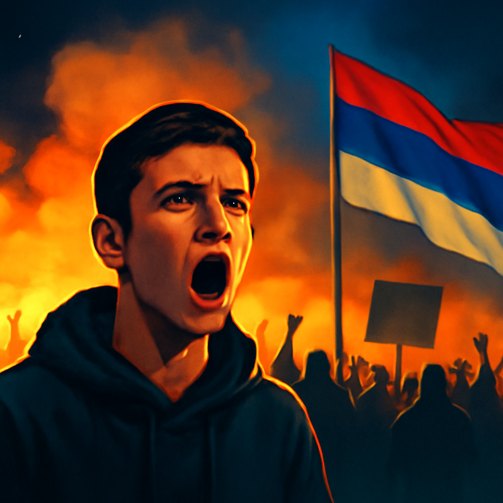AI-generated editorial illustration for: Serbia: Protests continue after Vucic says he will step down