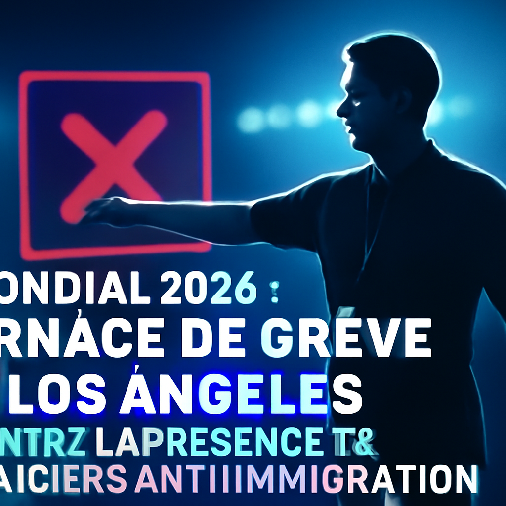 AI-generated editorial illustration for: Mondial 2026 : menace de grève à Los Angeles contre la présence de policiers anti-immigration