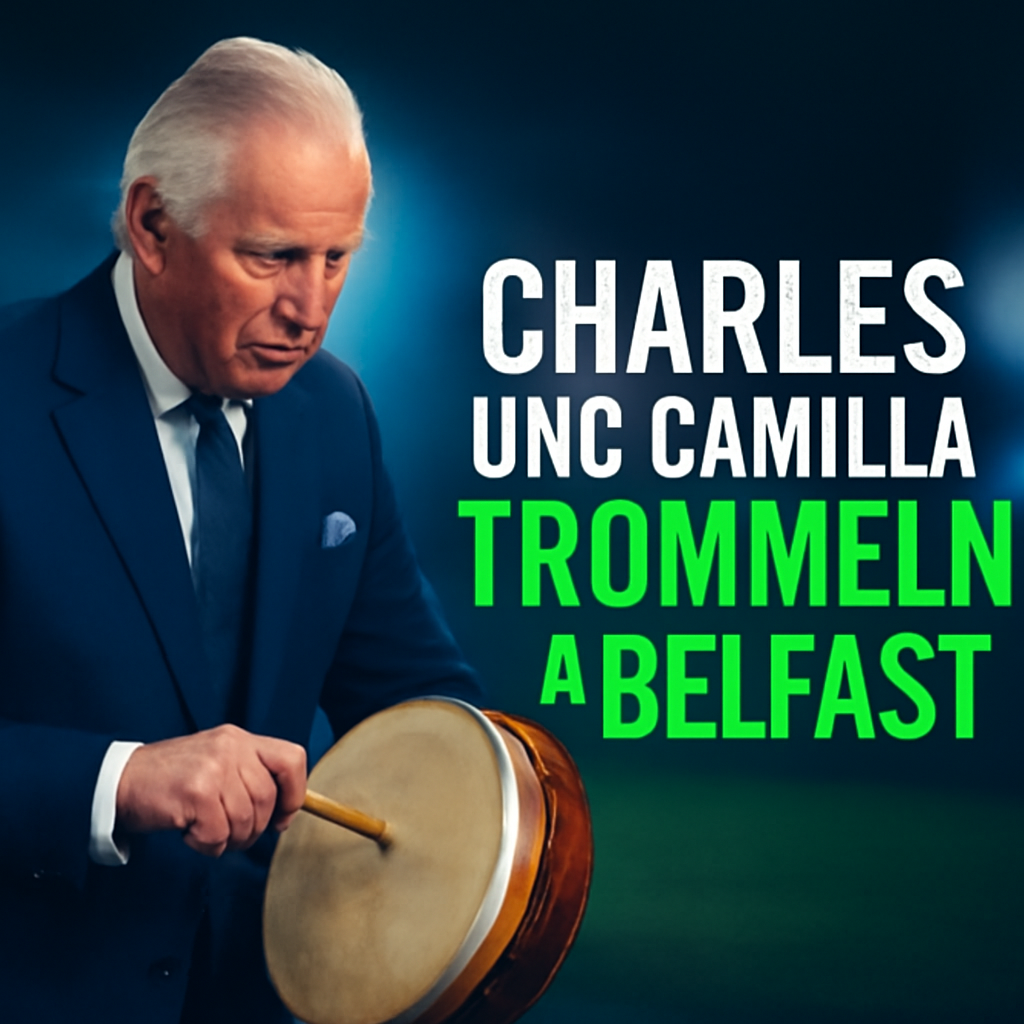 AI-generated editorial illustration for: Charles und Camilla trommeln in Belfast