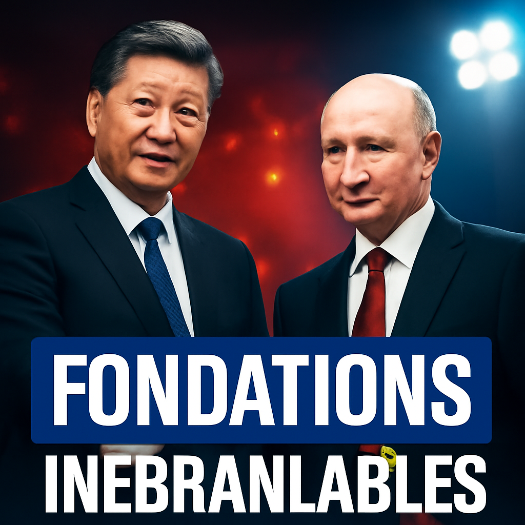 AI-generated editorial illustration for: Xi et Poutine saluent des "fondations inébranlables" à Pékin