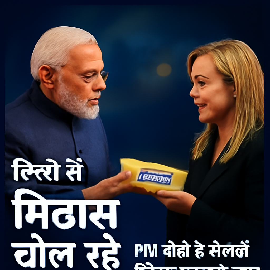 AI-generated editorial illustration for: 'रिश्तों में मिठास घोल रहे', PM मोदी के मेलोडी गिफ्ट पर Parle का रिएक्शन