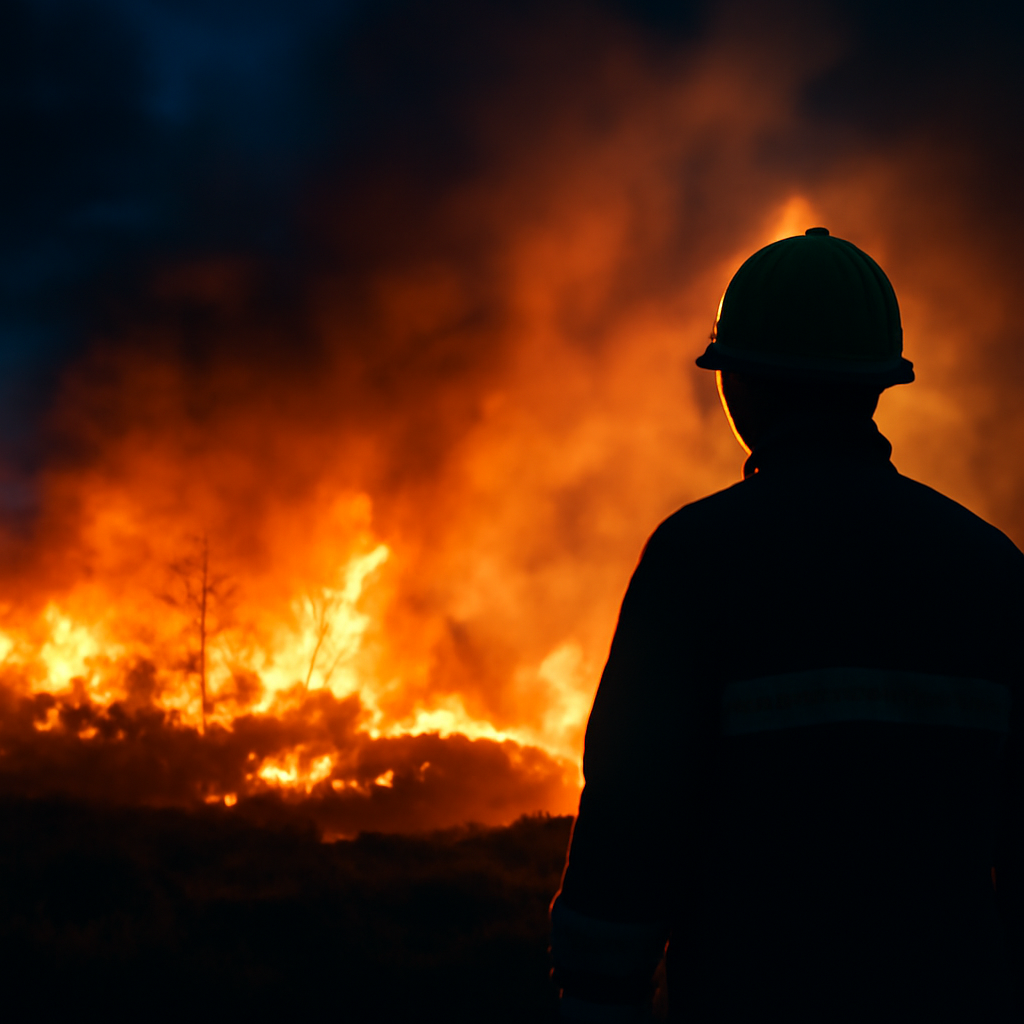AI-generated editorial illustration for: Wildfire burning one month on is 'the size of a small town'