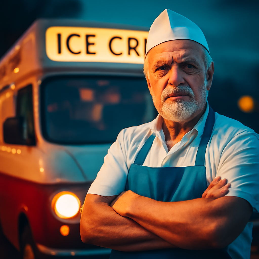 AI-generated editorial illustration for: 'Gonna bury him in his van': Ice Cream King marks 40 years